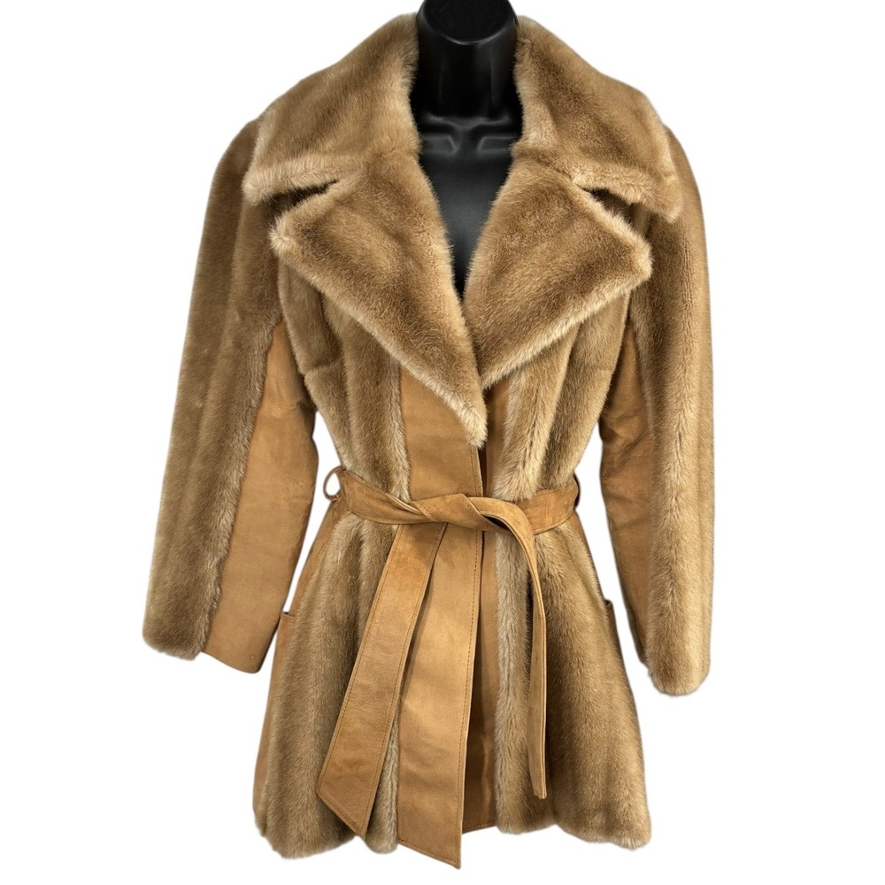 Vintage 1970s Lilli Ann Penny Lane Coat Suede Faux Fur Belted Jacket Small